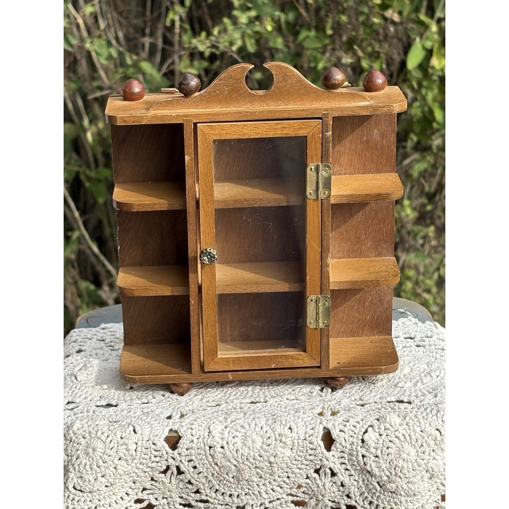 Vintage 8" Tall Wooden Curio Cabinet With Glass Door Knick Knack Shelf